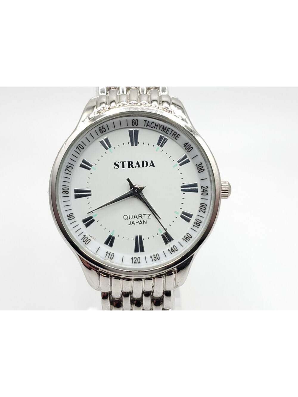 Strada Quartz Womens Watch New Battery Silver Tone Tachymetre White Dial 32mm